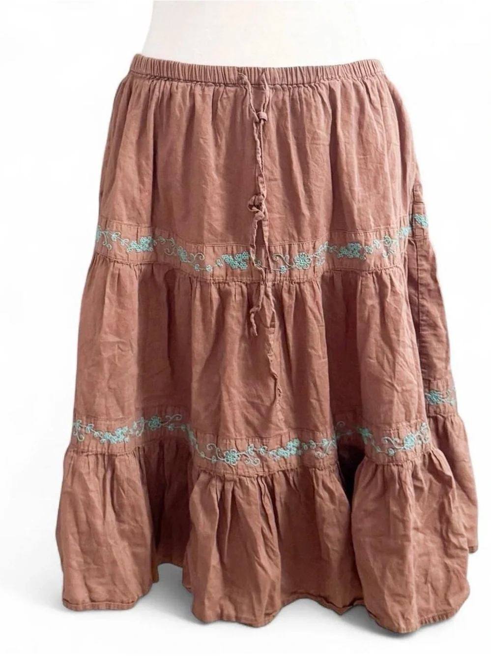 SO Rust Brown Tiered Midi Skirt with Turquoise Embroidery